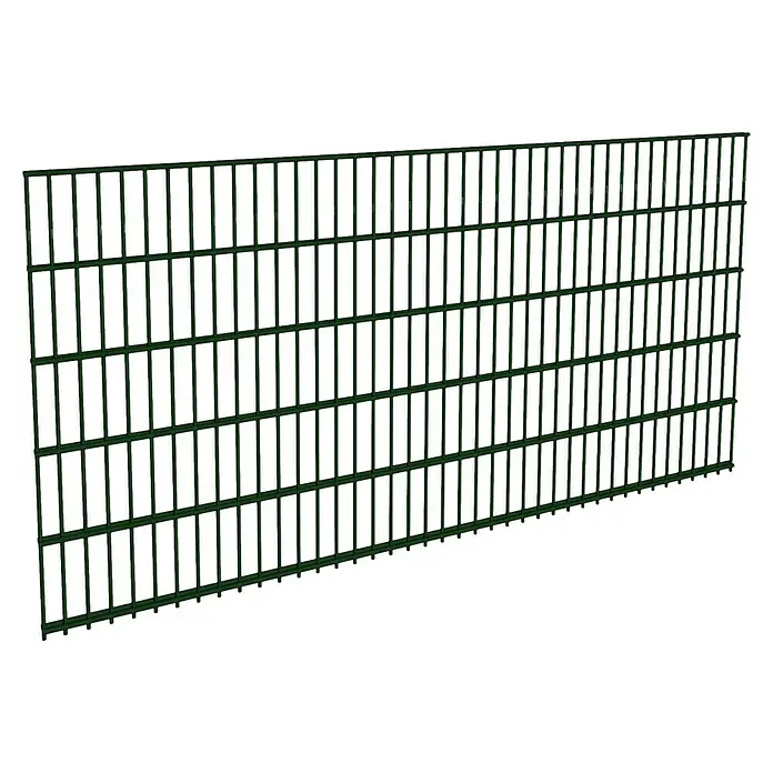FA-Bausysteme Mattenzaun Basic 6/5/6 mm - 200,8 x 100 cm, Moosgrün - Das Bild zeigt einen grünen Doppelstabmattenzaun, der robust und langlebig ist. Ideal für die Grundstückssicherung und optische Aufwertung Ihres Gartens.