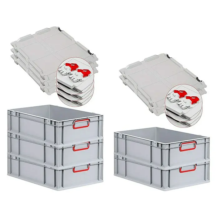 Proregal Euroboxen-Set 5x Eurobox NextGen Color mit Scharnierdeckel und Verschlüssen - L x B x H: 60 x 40 x 17 cm, Kunststoff, Grau, Rot, 5 Stk. - Stapelbare Eurobehälter mit roten Griffen und passenden Deckeln. Robuste Kunststoffkisten für Lagerung und Transport.
