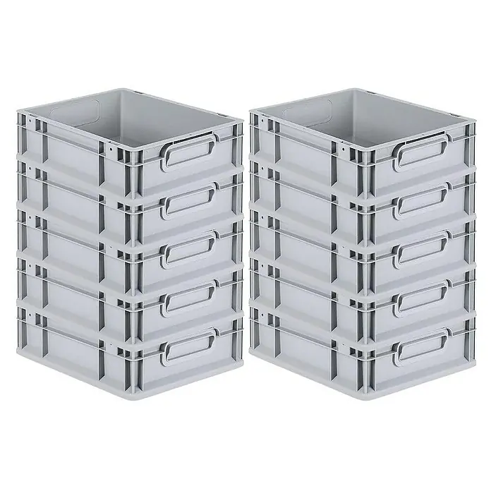 Proregal Euroboxen-Set 10x Eurobox NextGen Economy mit Scharnierdeckel und schwarzen Verschlüssen - L x B x H: 40 x 30 x 12 cm, Kunststoff, Grau, 10 Stk. - Bild von zwei Stapeln grauer Kunststoffboxen, die jeweils fünf Boxen hoch sind, die zur Aufbewahrung und Organisation verwendet werden können.
