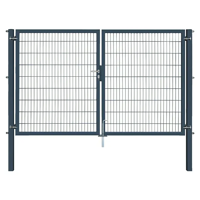 FA-Bausysteme Zauntor Industrietor - 3 x 1,8 m, Stahl, Anthrazit, 2-Flügel, Drahtstärke 8/6/8 mm - Ein graues Doppeltor mit einem Gittermuster, das für Sicherheit und modernen Stil sorgt. Ideal für den Zugang zu Gärten oder Einfahrten.