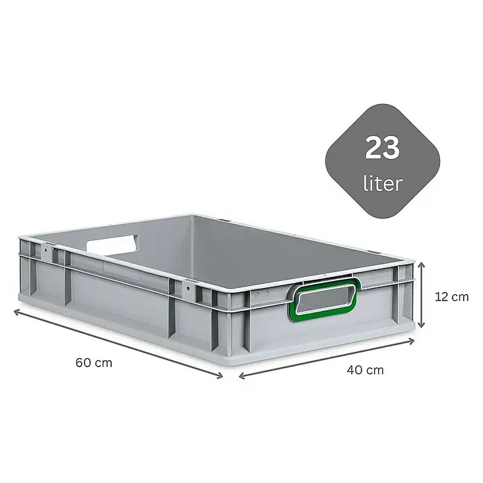 Proregal Euroboxen-Set 5x Eurobox NextGen Color mit Scharnierdeckel und Verschlüssen - L x B x H: 60 x 40 x 12 cm, Kunststoff, Grau, Grün, 5 Stk. - Graue Kunststoffbox mit den Maßen 60 x 40 x 12 cm und einem Fassungsvermögen von 23 Litern. Ideal für Lagerung und Transport.