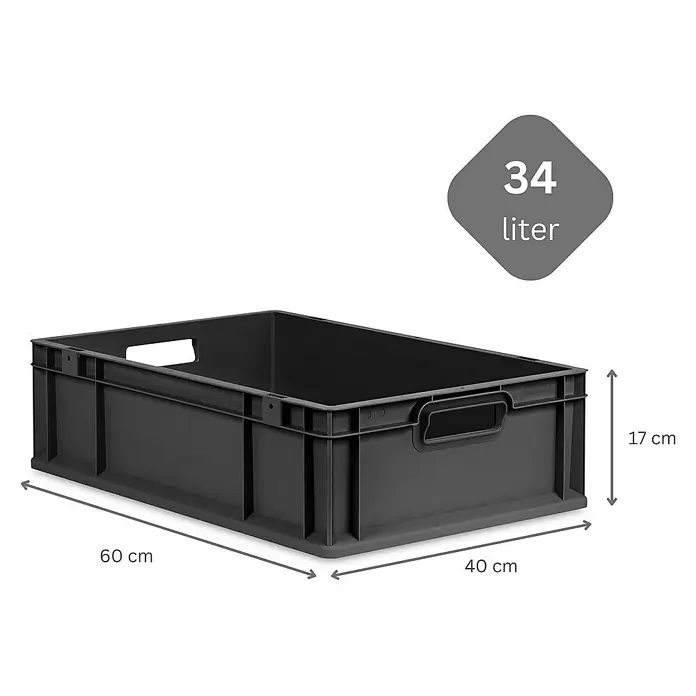 SparSet 10x Eurobox NextGen Grip mit Auflagedeckel inkl. 4 schwarzen Schiebeschnappverschlüssen | HxBxT 17x40x60cm | 34 Liter | Schwarz | Griffe offen | Eurobehälter, Transportbox, Transportbehälter, Stapelbehälter -  - Abbildung einer grauen Kunststoffbox mit den Maßen 60 x 40 x 17 cm und einem Volumen von 34 Litern.