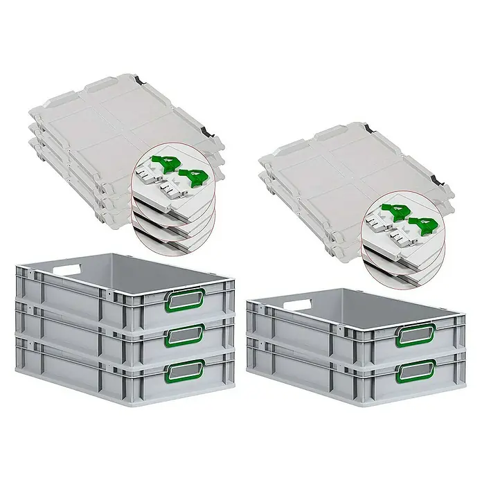 Proregal Euroboxen-Set 5x Eurobox NextGen Color mit Scharnierdeckel und Verschlüssen - L x B x H: 60 x 40 x 12 cm, Kunststoff, Grau, Grün, 5 Stk. - Graue Kunststoffbehälter mit grünen Griffen, übereinander gestapelt und Deckel dazu. Ideal für Lagerung und Transport.