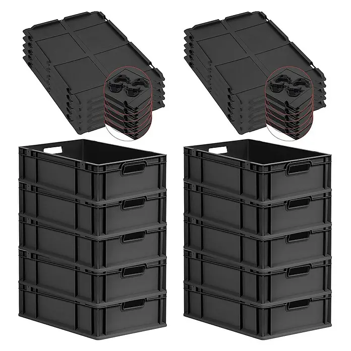 SparSet 10x Eurobox NextGen Grip mit Auflagedeckel inkl. 4 schwarzen Schiebeschnappverschlüssen | HxBxT 17x40x60cm | 34 Liter | Schwarz | Griffe offen | Eurobehälter, Transportbox, Transportbehälter, Stapelbehälter -  - Stapel von schwarzen Kunststoffkisten und zugehörigen Deckeln, die eine praktische Aufbewahrungslösung bieten.