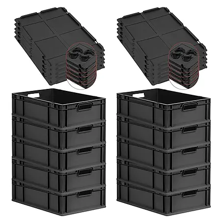 SparSet 10x Eurobox NextGen Grip mit Auflagedeckel inkl. 4 schwarzen Schiebeschnappverschlüssen | HxBxT 17x40x60cm | 34 Liter | Schwarz | Griffe offen | Eurobehälter, Transportbox, Transportbehälter, Stapelbehälter