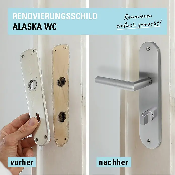 Diamond Doors Modern Zimmertürgarnitur WC Alaska - Edelstahl, Stärke Tür: 38 mm - 45 mm, Schlitzkopf/Olive - Vorher-Nachher-Vergleich eines renovierten Türschilds Alaska WC. Eine tolle Veränderung für die Badezimmertür mit Türgriff und Schloss.