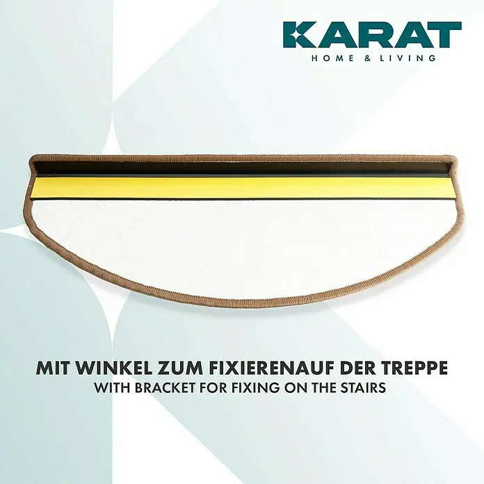 Stufenmatte Geneva - 65 x 23,5 cm, Beige, Halbrund - Braune Teppichstufe "KARAT HOME & LIVING" mit gelbem Streifen und Winkel zur sicheren Befestigung auf Treppen.