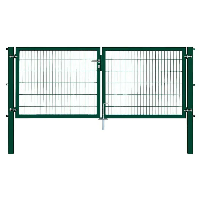 FA-Bausysteme Zauntor Industrietor - 3 x 1,2 m, Stahl, Moosgrün, 2-Flügel, Drahtstärke 6/5/6 mm - Ein grünes Doppelstabmatten-Tor mit Schloss und Riegel, das Sicherheit und Zugangskontrolle für Grundstücke bietet. Ideal für Gärten und Höfe.