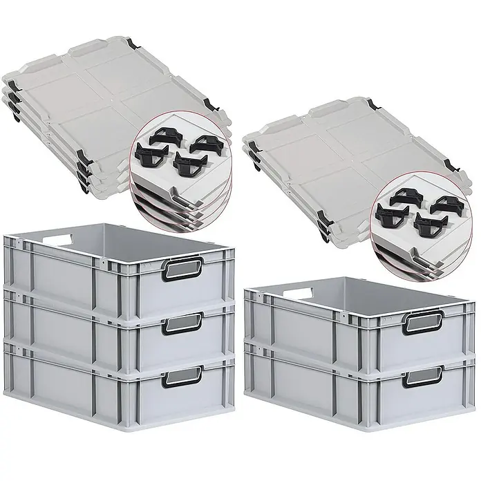 Proregal Euroboxen-Set 5x Eurobox NextGen Color mit Auflagedeckel und Schiebeschnappverschlüsse - L x B x H: 60 x 40 x 17 cm, Kunststoff, Grau, Schwarz, 5 Stk. - Auf dem Bild sind stapelbare, hellgraue Kunststoffbehälter und zugehörige Deckel mit schwarzen Verschlüssen zu sehen.