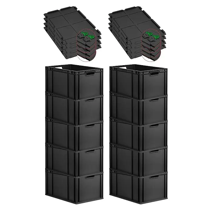 Proregal Euroboxen-Set 10x Eurobox NextGen Grip mit Scharnierdeckel und grünen Verschlüssen - L x B x H: 60 x 40 x 32 cm, Kunststoff, Schwarz, 10 Stk. - Schwarze Kunststoff-Lagerkisten und Deckel für eine vielseitige und robuste Aufbewahrungslösung. Ideal für Ordnung in Garage, Keller oder Büro.