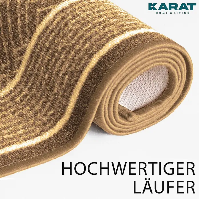 Teppichläufer Olymp - Beige, 250 x 80 cm, 100 % Polyamid - Hochwertiger, braun gestreifter Läufer von Karat Home & Living, aufgerollt und mit Öko-Tex Zertifikat.