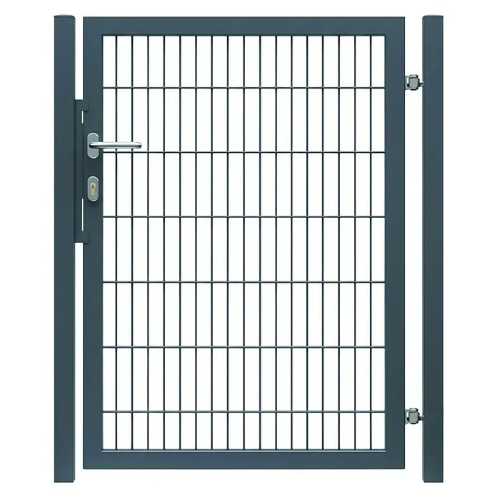 FA-Bausysteme Zauntor Vollrahmen - 1,5 x 1 m, Anthrazit, Stahl, 1-Flügel - Ein graues Metallgittertor mit Griff und Schloss, ideal zur Sicherung von Gärten und Einfahrten. Robust und sicher.