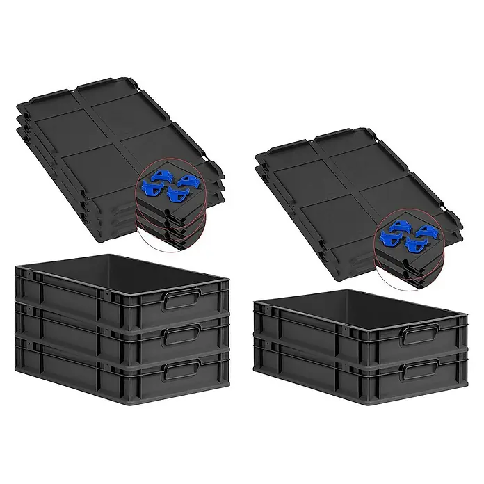 Proregal Euroboxen-Set 5x Eurobox NextGen Grip mit Auflagedeckel inkl. 4 blauen Verschlüssen - L x B x H: 60 x 40 x 12 cm, Kunststoff, Schwarz, 5 Stk. - Produktansicht von schwarzen Lagerkästen und Deckeln mit blauen Verschlüssen, ideal für die Organisation.