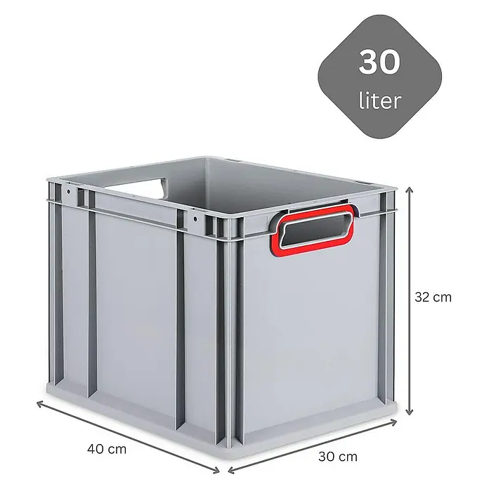 Proregal Euroboxen-Set 5x Eurobox NextGen Color - L x B x H: 40 x 30 x 32 cm, Kunststoff, Grau, Rot, 5 Stk. - Graue 30-Liter-Kunststoffbox mit roten Griffen und den Maßen 40 cm x 30 cm x 32 cm.