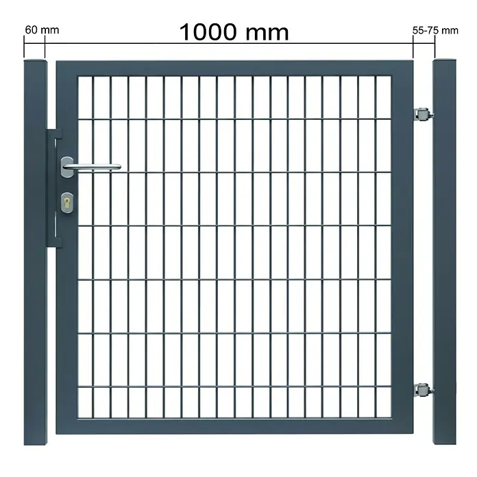 FA-Bausysteme Zauntor Vollrahmen - 1 x 1 m, Anthrazit, Stahl, 1-Flügel - Bild einer grauen Gartentür aus Metall mit den Maßen 1000 mm Breite, 60 mm Pfosten links und 55-75 mm Pfosten rechts.