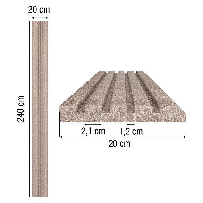 Lautloz Akustikpaneel Coverz - Hellbraun, 20 x 240 cm, Textil - Abbildung eines Akustikpaneels mit den Maßen 240 cm x 20 cm.