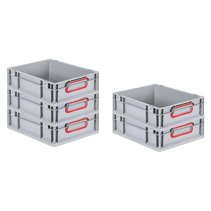 Proregal Euroboxen-Set 16x Eurobox NextGen Color - Kunststoff, Grau, Rot, 16 Stk. - Graue Kunststoffboxen mit roten Griffen, gestapelt. Ideal für Lagerung und Organisation.