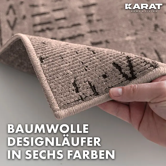 Teppichläufer Vena - Braun, 450 x 80 cm, 65 % Baumwolle, 35 % Polyester - Nahaufnahme eines Baumwoll-Designläufers in sechs Farben mit OEKO-TEX® Zertifikat.