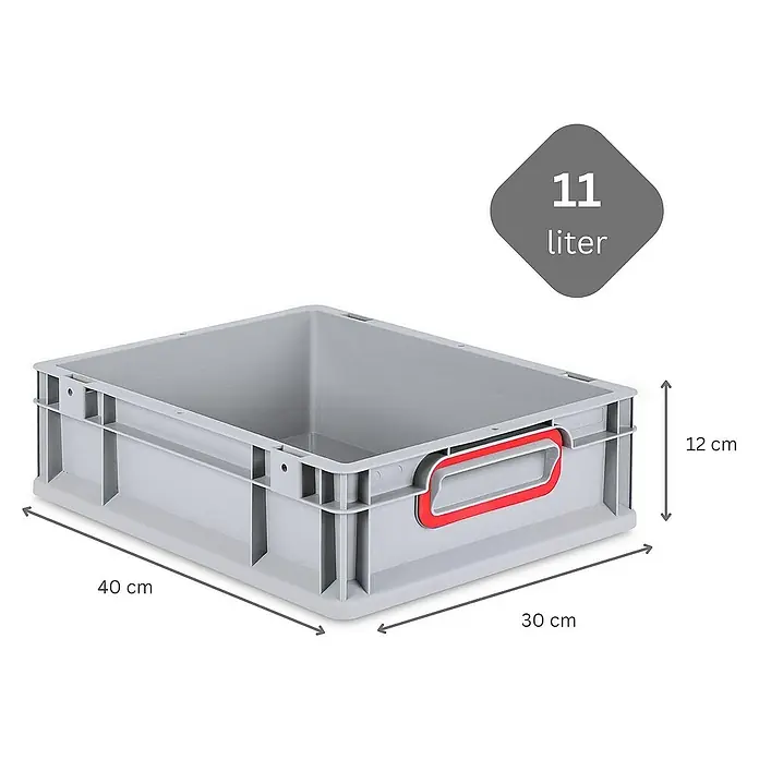 Proregal Euroboxen-Set 16x Eurobox NextGen Color - Kunststoff, Grau, Rot, 16 Stk. - Ein grauer 11-Liter-Lagerbehälter aus Kunststoff mit roten Griffen und den Maßen 40 x 30 x 12 cm.