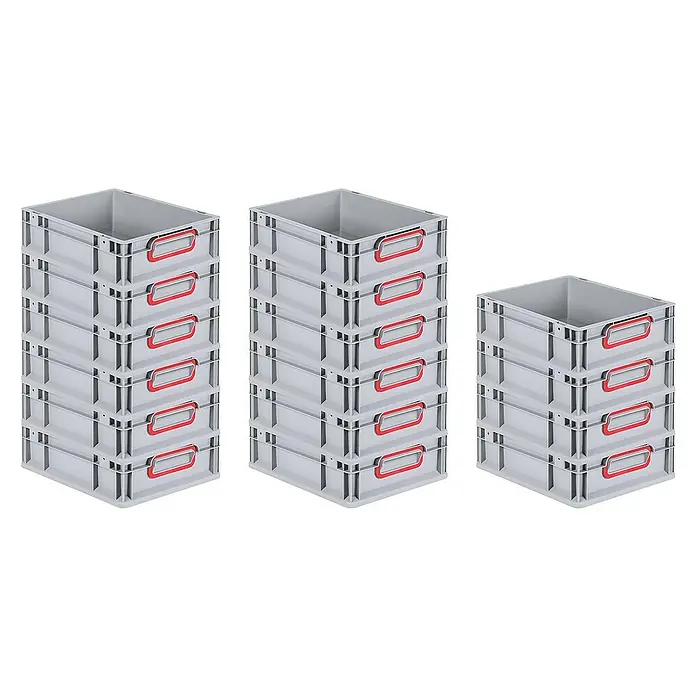 Proregal Euroboxen-Set 16x Eurobox NextGen Color - Kunststoff, Grau, Rot, 16 Stk. - Gestapelte graue Lagerkästen mit roten Griffen, ideal für Organisation und Lagerung.