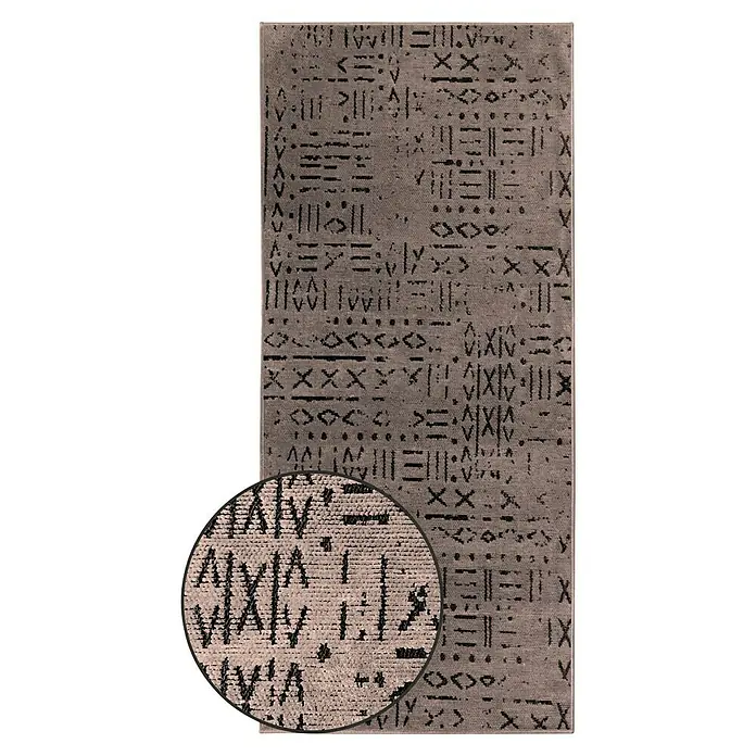 Teppichläufer Vena - Braun, 450 x 80 cm, 65 % Baumwolle, 35 % Polyester - Nahaufnahme eines gemusterten Teppichs in Grau- und Schwarztönen, der eine einzigartige Textur und ein modernes Design zeigt.