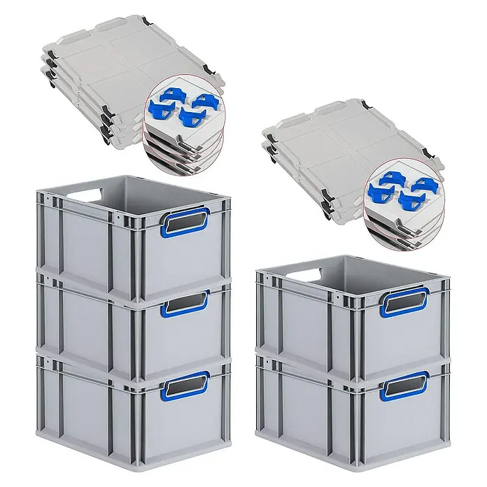 Proregal Euroboxen-Set 5x Eurobox NextGen Color mit Auflagedeckel und Schiebeschnappverschlüsse - L x B x H: 40 x 30 x 22 cm, Kunststoff, Grau, Blau, 5 Stk. - Stapelbare graue Eurobehälter mit blauen Griffen, einige davon zusammengeklappt, ideal für Lagerung und Transport.