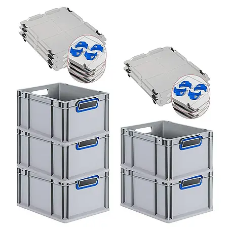 Proregal  Euroboxen-Set 5x Eurobox NextGen Color mit Auflagedeckel und Schiebeschnappverschlüsse