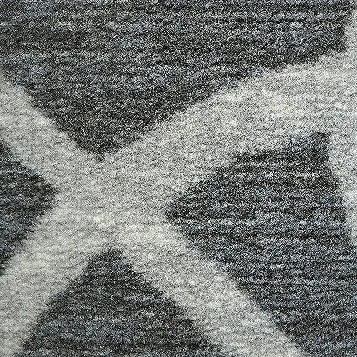 Teppichläufer Navelli - Schwarz, 150 x 80 cm, 100 % Polyamid - Nahaufnahme eines gemusterten Teppichs in Grau- und Weißtönen, der eine weiche Textur und ein abstraktes Design aufweist.