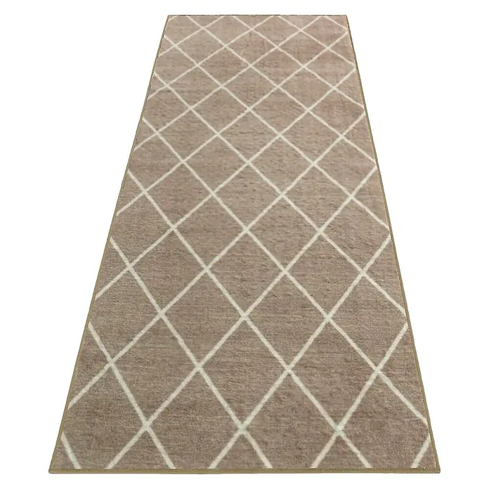 Teppichläufer Cosenza - Beige, 200 x 80 cm, 100 % Polyamid - Ein beiger Teppich mit einem Rautenmuster in Weiß, der eine elegante und stilvolle Ergänzung für jeden Raum darstellt.