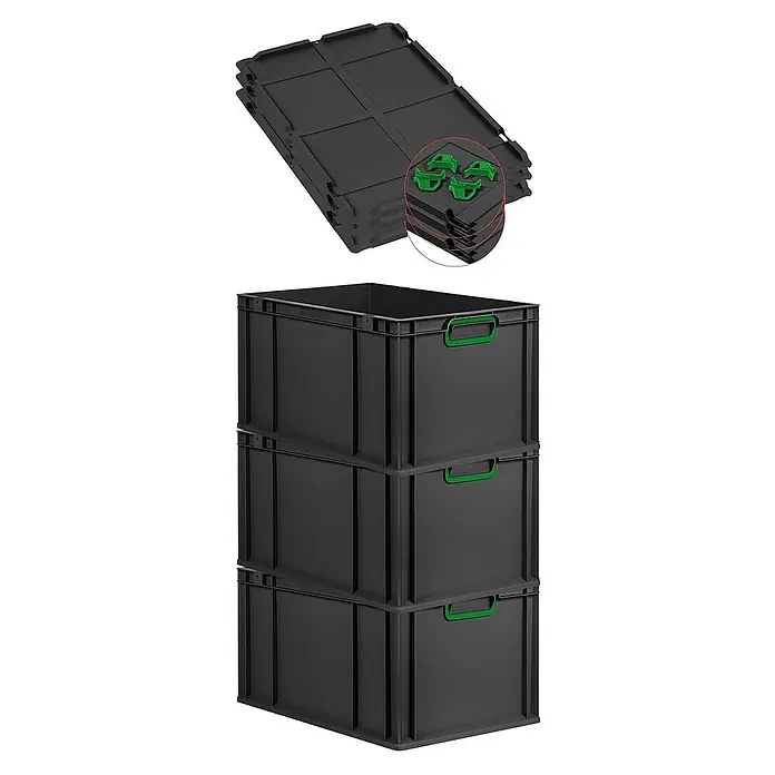 Proregal Euroboxen-Set 3x Eurobox NextGen Color mit Auflagedeckel und Schiebeschnappverschlüsse - L x B x H: 60 x 40 x 32 cm, Kunststoff, Schwarz, Grün, 3 Stk. - Drei schwarze Lagerkisten mit grünen Griffen, sowie flache Behälter und Befestigungen. Praktisch und robust für Ordnung.