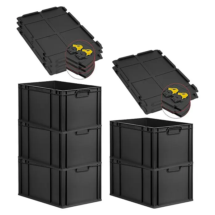 Proregal Euroboxen-Set 5x Eurobox NextGen Grip mit Scharnierdeckel und gelben Verschlüssen - L x B x H: 60 x 40 x 32 cm, Kunststoff, Schwarz, 5 Stk. - Schwarze Stapelboxen mit dazugehörigen Deckeln mit gelben Verschlüssen für eine sichere Aufbewahrung und Organisation.