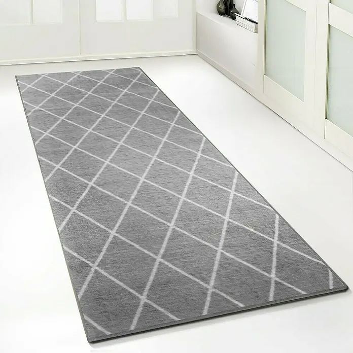 Teppichläufer Cosenza - Grau, 200 x 80 cm, 100 % Polyamid - Moderner grauer Teppich mit Rautenmuster, der jedem Raum einen stilvollen Touch verleiht und für Komfort sorgt.