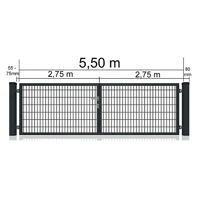 FA-Bausysteme Zauntor Vollrahmen - 5,5 x 1,6 m, Stahl, Moosgrün, 2-Flügel - Abbildung eines schwarzen Metallzauns mit zwei Toren und seitlichen Pfosten, einschließlich Maßangaben.