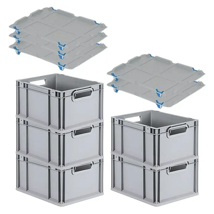 Proregal Euroboxen-Set 5x Eurobox NextGen Grip mit Auflagedeckel inkl. 4 blauen Verschlüssen - L x B x H: 40 x 30 x 22 cm, Kunststoff, Grau, 5 Stk. - Bild von grauen Stapelboxen und Deckeln, ideal für Lagerung und Transport. Praktische Lösungen für Ordnung und Effizienz.