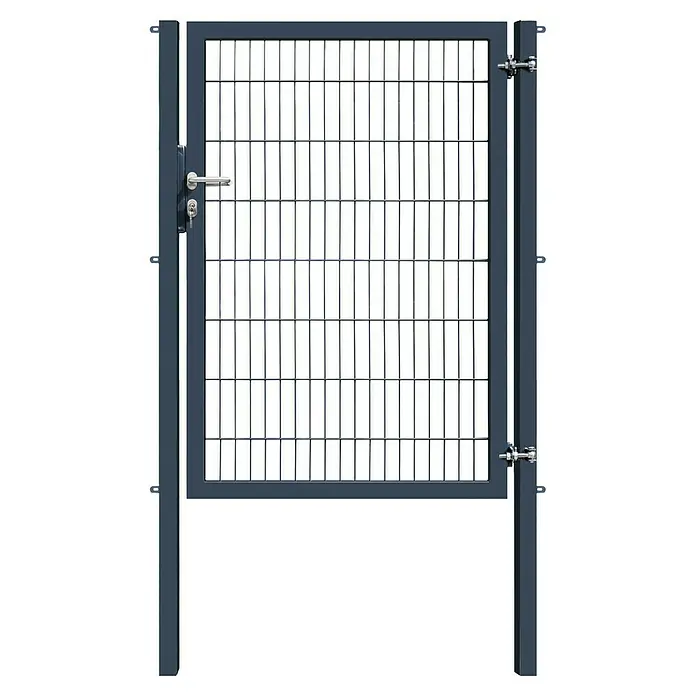 FA-Bausysteme Zauntor Industrietor - 1,2 x 1,6 m, Stahl, Anthrazit, 1-Flügel, Drahtstärke 8/6/8 mm - Abbildung eines grauen Metallzauns mit Tür und Schloss, ideal für die Sicherheit von Gärten und Höfen.