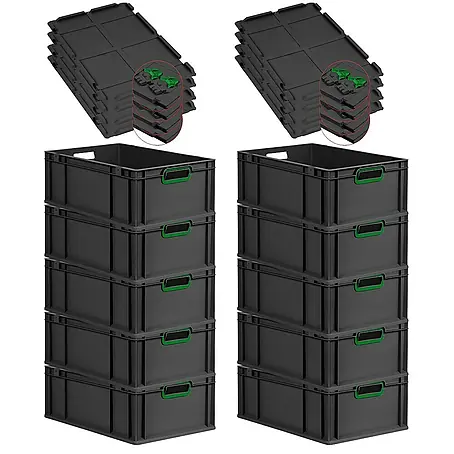 SuperSparSet 10x Eurobox NextGen Color mit Scharnierdeckel und Schiebeschnappverschlüssen | HxBxT 22x40x60cm | 44 Liter | Schwarz | Griffe grün offen | Verstärkter Boden | Eurobehälter, Transportbox, Transportbehälter, Stapelbehälter