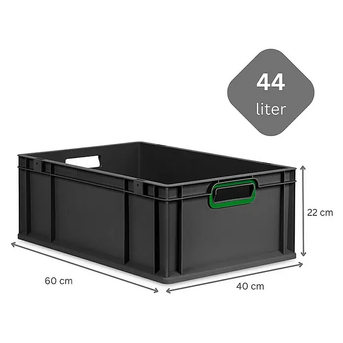 SuperSparSet 10x Eurobox NextGen Color mit Scharnierdeckel und Schiebeschnappverschlüssen | HxBxT 22x40x60cm | 44 Liter | Schwarz | Griffe grün offen | Verstärkter Boden | Eurobehälter, Transportbox, Transportbehälter, Stapelbehälter -  - Abbildung einer schwarzen 44-Liter-Kunststoffbox mit den Maßen 60 x 40 x 22 cm, ideal für Lagerung und Transport.