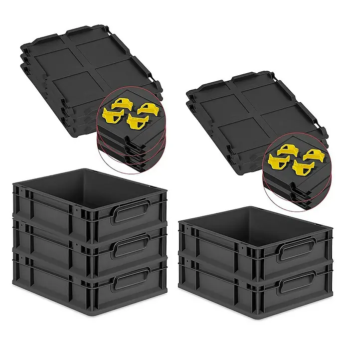 Proregal Euroboxen-Set 5x Eurobox NextGen Grip mit Auflagedeckel inkl. 4 gelben Verschlüssen - Kunststoff, Schwarz, 5 Stk. - Stapelbare, graue Eurobehälter mit Deckeln und gelben Befestigungsclips für den sicheren Transport und Lagerung von Gütern.