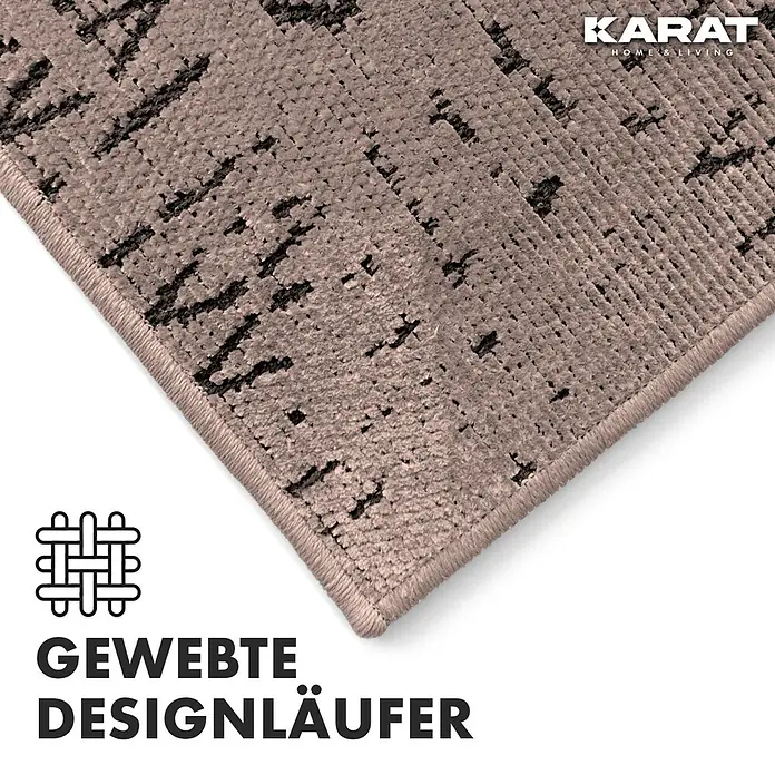 Teppichläufer Vena - Braun, 450 x 80 cm, 65 % Baumwolle, 35 % Polyester - Detailaufnahme eines beigen "KARAT Home & Living" Design-Läufers mit dunklem Muster und "Gewebe"-Symbol.