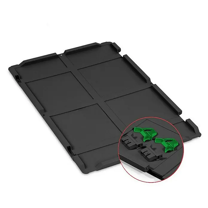 SuperSparSet 10x Eurobox NextGen Color mit Scharnierdeckel und Schiebeschnappverschlüssen | HxBxT 22x40x60cm | 44 Liter | Schwarz | Griffe grün offen | Verstärkter Boden | Eurobehälter, Transportbox, Transportbehälter, Stapelbehälter -  - Schwarze Kofferraumwanne mit rechteckigem Design und zwei grünen Befestigungselementen für sicheren Halt. Ideal für den Fahrzeugschutz.