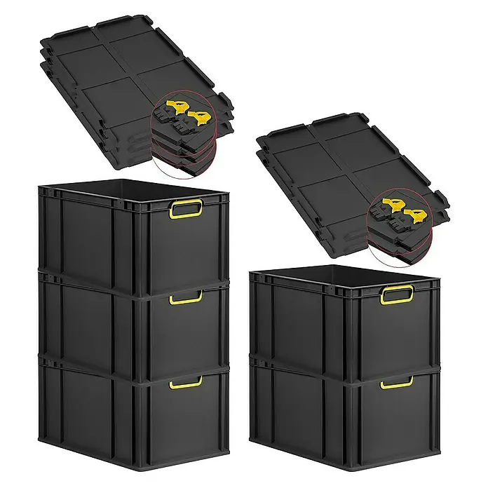 Proregal Euroboxen-Set 5x Eurobox NextGen Color mit Scharnierdeckel und Verschlüssen - L x B x H: 60 x 40 x 32 cm, Kunststoff, Schwarz, Gelb, 5 Stk. - Stapelbare, schwarze Transportboxen mit gelben Griffen und zugehörige Deckel für sicheren Transport.