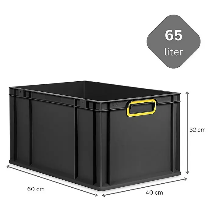 Proregal Euroboxen-Set 5x Eurobox NextGen Color mit Scharnierdeckel und Verschlüssen - L x B x H: 60 x 40 x 32 cm, Kunststoff, Schwarz, Gelb, 5 Stk. - Schwarze Kunststoffbox mit den Maßen 60 x 40 x 32 cm und einem Fassungsvermögen von 65 Litern.