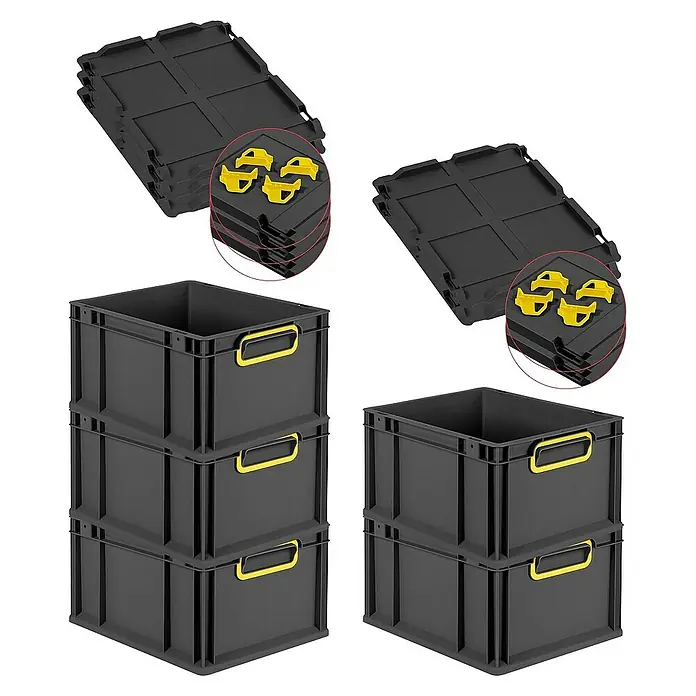 Proregal Euroboxen-Set 5x Eurobox NextGen Color mit Auflagedeckel und Schiebeschnappverschlüsse - L x B x H: 40 x 30 x 22 cm, Kunststoff, Schwarz, Gelb, 5 Stk. - Schwarze Eurobehälter mit gelben Griffen und Deckeln zum sicheren Stapeln und Aufbewahren von Gegenständen aller Art.