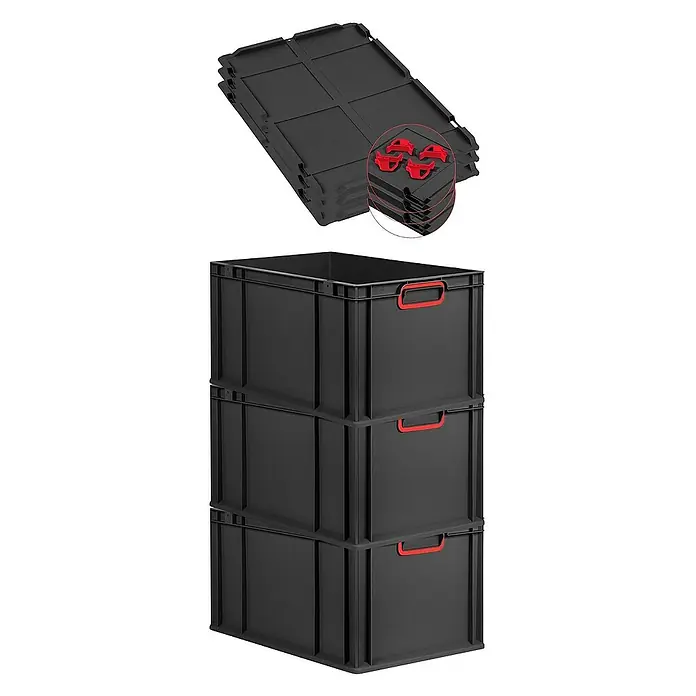 Proregal Euroboxen-Set 3x Eurobox NextGen Color mit Auflagedeckel und Schiebeschnappverschlüsse - L x B x H: 60 x 40 x 32 cm, Kunststoff, Schwarz, Rot, 3 Stk. - Schwarze Kunststoffboxen mit roten Griffen und passenden Deckeln zum einfachen Stapeln und Ordnen von Gegenständen.