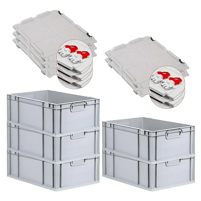 Proregal Euroboxen-Set 5x Eurobox NextGen Economy mit Scharnierdeckel und roten Verschlüssen - L x B x H: 60 x 40 x 22 cm, Kunststoff, Grau, 5 Stk. - Bild von stapelbaren, grauen Eurobehältern und Deckeln. Sie sind robust und ideal für Lagerung und Transport.