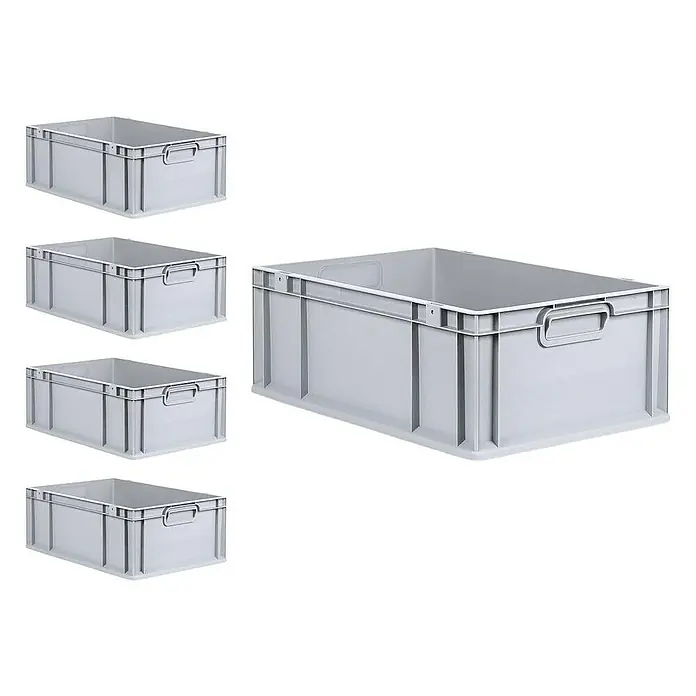 Proregal Euroboxen-Set 5x Eurobox NextGen Economy mit Scharnierdeckel und roten Verschlüssen - L x B x H: 60 x 40 x 22 cm, Kunststoff, Grau, 5 Stk. - Graue Kunststoffbehälter im Stapel. Ideal zur Aufbewahrung und Organisation. Robuste Bauweise für den täglichen Gebrauch.