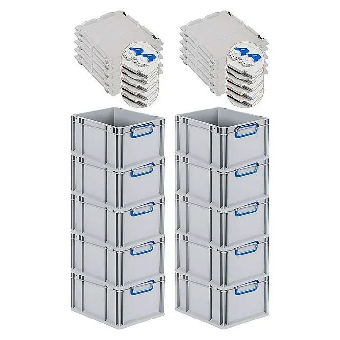 Proregal Euroboxen-Set 10x Eurobox NextGen Color mit Scharnierdeckel und Verschlüssen - L x B x H: 40 x 30 x 22 cm, Kunststoff, Grau, Blau, 10 Stk. - Das Bild zeigt zwei Stapel grauer Kunststoffboxen mit blauen Griffen und Deckeln, die zur Aufbewahrung und Organisation verwendet werden.