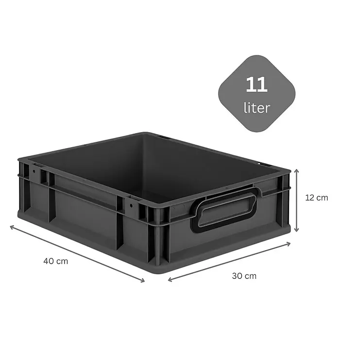SparSet 5x Eurobox NextGen Color mit Auflagedeckel und Schiebeschnappverschlüsse | HxBxT 12x30x40cm | 11 Liter | Schwarz | Griffe schwarz geschlossen | Glatter Boden | Eurobehälter, Transportbox, Transportbehälter, Stapelbehälter -  - Graue Kunststoffbox mit den Maßen 40x30x12 cm und einem Fassungsvermögen von 11 Litern. Ideal für Lagerung.