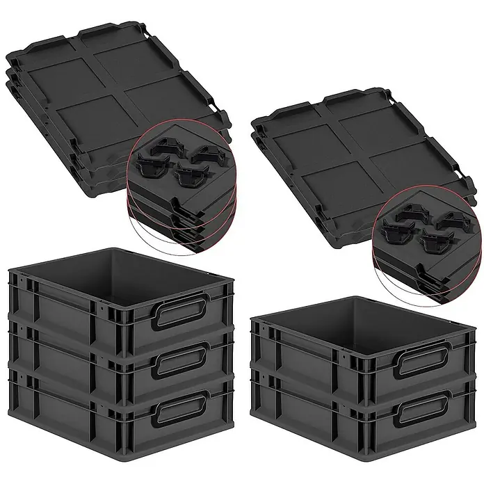 SparSet 5x Eurobox NextGen Color mit Auflagedeckel und Schiebeschnappverschlüsse | HxBxT 12x30x40cm | 11 Liter | Schwarz | Griffe schwarz geschlossen | Glatter Boden | Eurobehälter, Transportbox, Transportbehälter, Stapelbehälter -  - Graue Eurobehälter mit Deckel: Zwei Stapel Euroboxen und Eurodeckel, ideal für Lagerung und Transport.