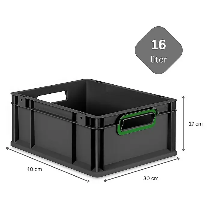 Proregal Euroboxen-Set 10x Eurobox NextGen Color mit Scharnierdeckel und Verschlüssen - L x B x H: 40 x 30 x 17 cm, Kunststoff, Schwarz, Grün, 10 Stk. - Graue 16-Liter-Aufbewahrungsbox aus Kunststoff mit grünen Griffen und Abmessungen von 40 x 30 x 17 cm.